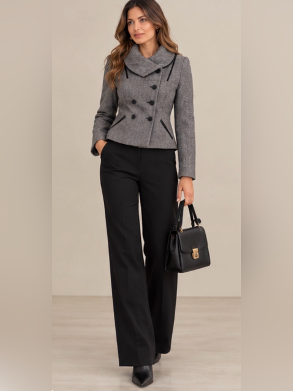 Gray Wool Blend Herringbone Cropped Blazer | Tailored Fit | Size S